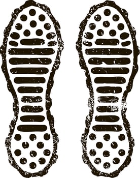 Grunge textured shoe print featuring distinct lines and dots illustrates the walking direction, isolated against a clean white background, evoking themes of adventure and exploration vector