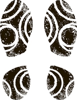 Four grunge shoe prints creating a walking path symbolize investigation, direction, and evidence, evoking themes of mystery and exploration in a textured, vintage style vector