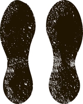Grunge textured shoe prints revealing evidence of someone walking, with the arrangement of heels and toes indicating the direction of movement along the path vector
