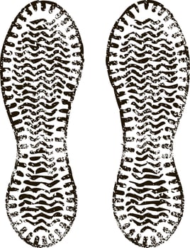 Imprints of shoe soles creating a distinct path suggest movement and direction across a clean, white surface, evoking themes of travel, adventure, and exploration vector