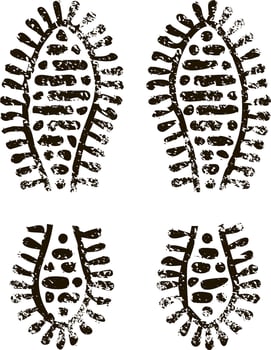 Grunge textured hiking boot footprints revealing a clear direction of travel, reflecting themes of adventure, exploration, and outdoor activities in rugged environments vector