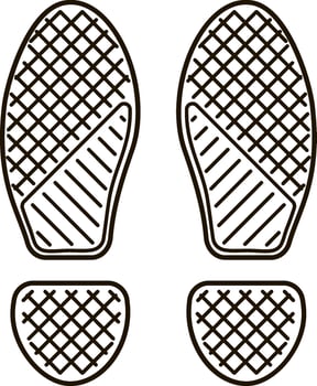 Black and white drawing of a shoe print showing sole and heel with striped and checkered patterns, useful as a guide for standing position or as a generic shoe print vector