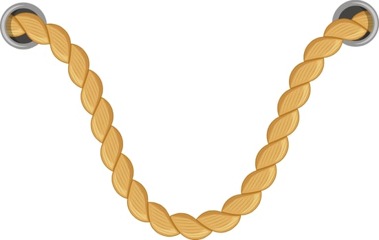 Thick, twisted rope hanging gracefully from two metal rings, forming a gentle parabola against a clean white background, offering ample copy space for text or design elements vector