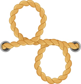 Intertwined heavy rope forming two circles held by two metal rings creating a strong and secure connection, ideal for nautical, construction, or decorative concepts vector