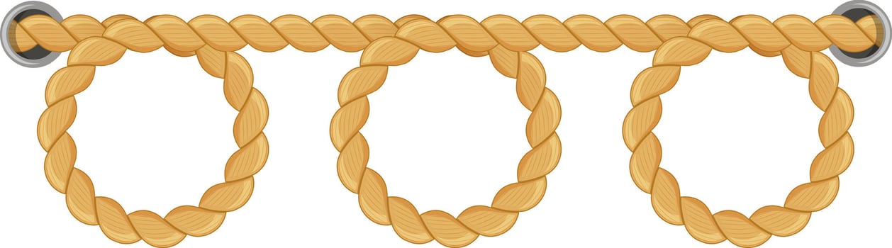 Braided rope forming three circles and attaching to metal rings creates an intricate decorative element, showcasing a blend of texture and design in natural fibers vector