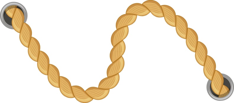 Thick, twisted hemp rope hanging loosely between two metal rings evokes a nautical or climbing theme, set against a clean, white background that enhances its natural texture and earthy tones vector