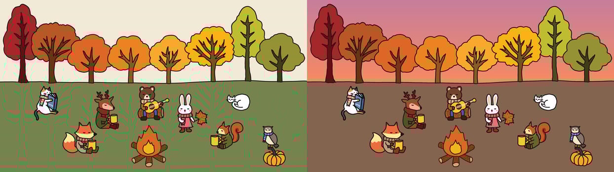 Group of animals enjoy autumn with fire camp cute design illustration fall theme vector