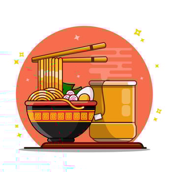Delicious Ramen Bowl with Chopsticks and Hot Tea Vectors Illustration Flat Design