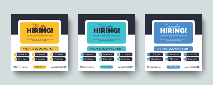 We are hiring job vacancy social media post and square web banner design template. Hiring job vacancy promotional social media advertising post banner layout design. vector