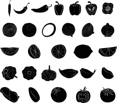 Cooking Ingredients Silhouette Set, Chili, Garlic, Shallot, Lemon, Tomato and Peanut. vector