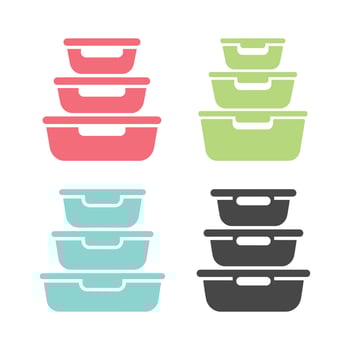 Stacks of colorful reusable food containers are arranged neatly on a white background, transparent image vector