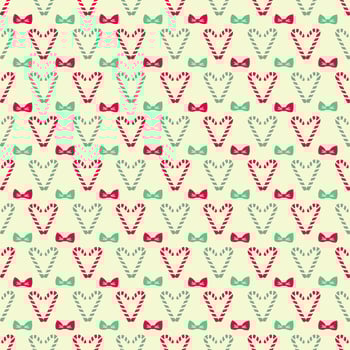 A delightful seamless pattern featuring alternating rows of candy cane hearts in red and mint green, adorned with matching bows vector