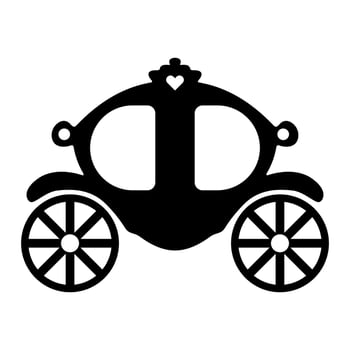 Fairy Tale Princess Carriage Silhouette Illustration. A rounded, ornate coach body with two large decorative wheels and a charming heart motif at the top. vector