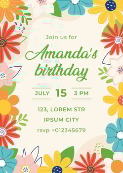 Birthday invitation with colorful summer flowers and leaves. Advertising poster with floral elements. Template for invitation, card. vector