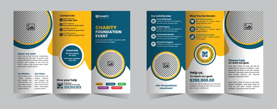 Charity Trifold Brochure Design Template for Donation Drive and Fundraising Event to support meaningful causes and inspire community involvement. vector