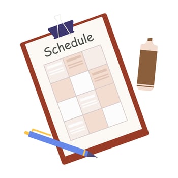Organized workspace with colorful task lists and schedules on paper. Office supplies arranged neatly for productivity and planning. vector