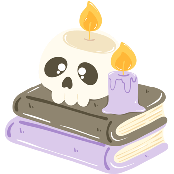 cartoon skull with book and candle on transparent background png