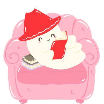 a cartoon ghost reading a book on a pink chair png