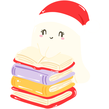 a cute ghost with a santa hat on top of a stack of books png
