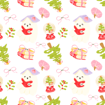 Cute Christmas ghost reading a book seamless pattern png