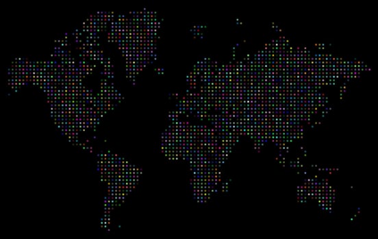 Multicolor squire shape dotted world map. Digital colorful dot shape earth on a black background vector