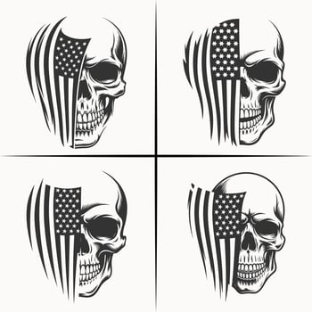 Set of American Eagle and skull with Stars, Stripes, and U.S. Flag Designs, Symbolizing Freedom, Patriotism, and National Identity in Detailed Emblems vector