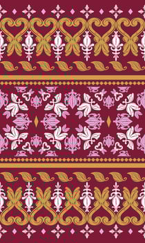 A luxurious blend of Western Baroque flourishes and Asian-Balinese elements in red pink gold. seamless ornamental pattern for fabric, wedding stationery, high-end packaging, exotic products design vector