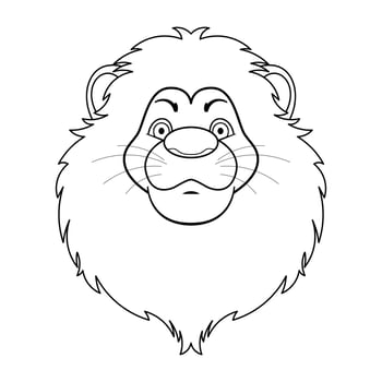 Lion Head Illustration. A detailed outline of a lions head in a cartoonish and stylized design. The lions expressive face showcases large, curious eyes, a wide nose and intricate whisker details. vector
