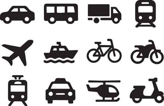Silhouette Transportation Icon Set Car, Bus, Train, Airplane, Taxi, Boat, Bike, Scooter, Truck, Tram, Helicopter, Motorcycle vector