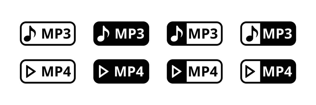 MP3 and MP4 file format icons black and white, various styles digital media, clean . vector