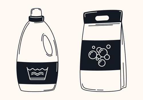 Hand drawn illustration of laundry detergent bottle and soap powder bag. Monochrome design ideal for cleaning product labels, household care icons, or detergent-related content. vector