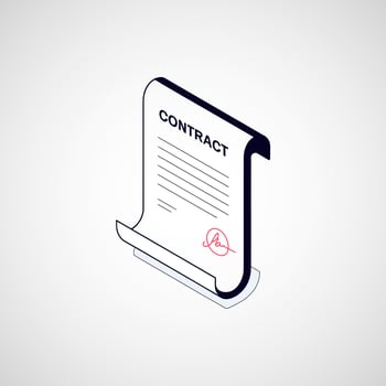 Isometric illustration of a rolled contract document with a seal vector