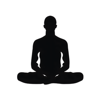 Minimalist white outline of a human silhouette in a serene meditative lotus pose. png