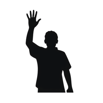 Minimalist white-outlined silhouette of a person from behind raising a hand in a waving gesture. png