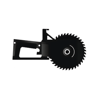 Stylized graphic of a black circular saw with a bold white outline and sharp toothed blade. png