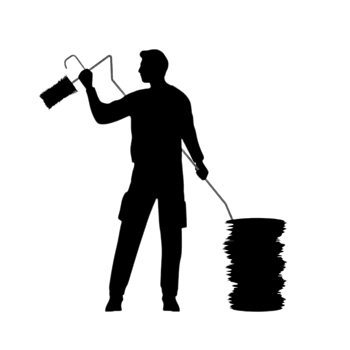 White Outline Silhouette of Worker Operating a Spray Gun and Hose. png
