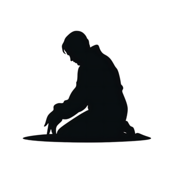 Silhouette of a Person Kneeling in Prayer with Hands Resting on Ground. png
