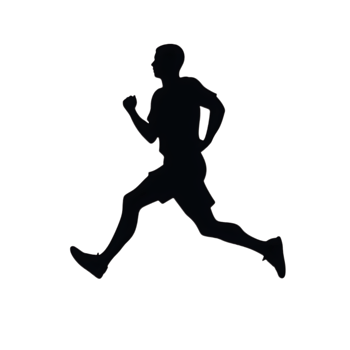White outlined silhouette of a man jogging in a dynamic athletic pose. png