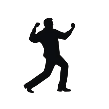 Minimalist black silhouette of a man in a triumphant pose with raised clenched fists and a thin white outline. png