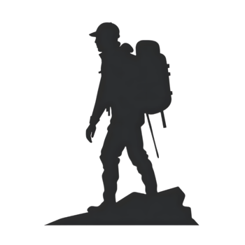 Black silhouette of a hiker with a large backpack and cap standing on a rocky ledge. png
