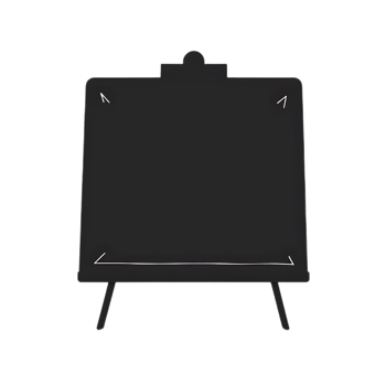 Minimalist dark grey chalkboard on an easel stand featuring a clean white outline and a blank surface for presentation. png