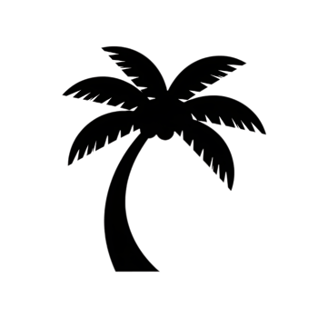 Simple white outline illustration of a tropical palm tree with a curved trunk and jagged spiky fronds. png