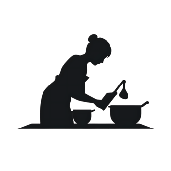 Silhouette of a person cooking with a ladle and pots. png