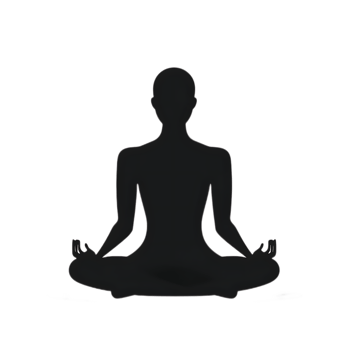 Dark silhouette of a person meditating in a lotus pose outlined in white. png