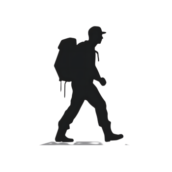 Monochrome silhouette of a hiker with a backpack and cap depicted in a walking pose. png