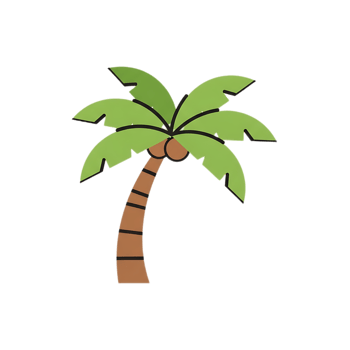 Textured tropical palm tree illustration with vibrant green fronds and brown coconuts. png