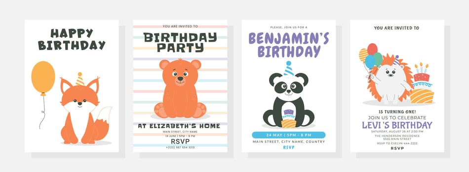 Happy birthday posters set with cute little bear, panda, fox, hedgehog, balloons, cakes, hat. Birthday party illustration for greeting card, invitation, banner and more vector