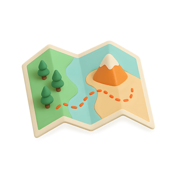 Illustration of a stylized map with trees a mountain and a trail png