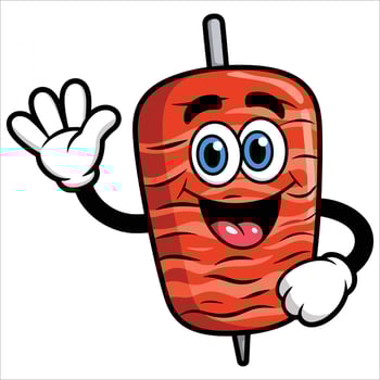Grilling meat kebab on skewer with happy cartoon character waving greeting. hand drawn illustration isolated on transparent background ideal for food themes. vector