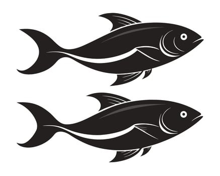 Two detailed black silhouetted fish images on white background suitable for various designs vector